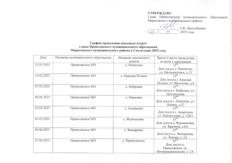 График проведения выездных встреч главы Приволжского муниципального образования Марксовского муниципального района в 1 полугодии 2025 года.. График проведения выездных встреч главы Приволжского муниципального образования Марксовского муниципального района в 1 полугодии 2025 года..